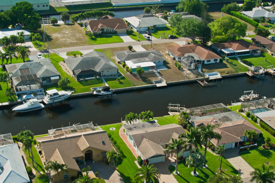 high angle aerial view of houses and canals cape coral fl